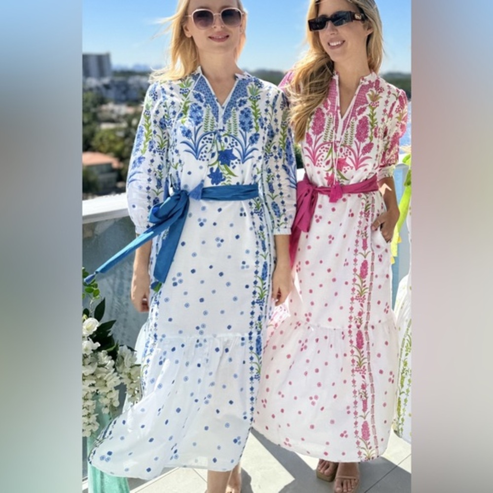 Islapayal Blue White Floral Border Print 100% Cotton Midi Dress - NO BELT